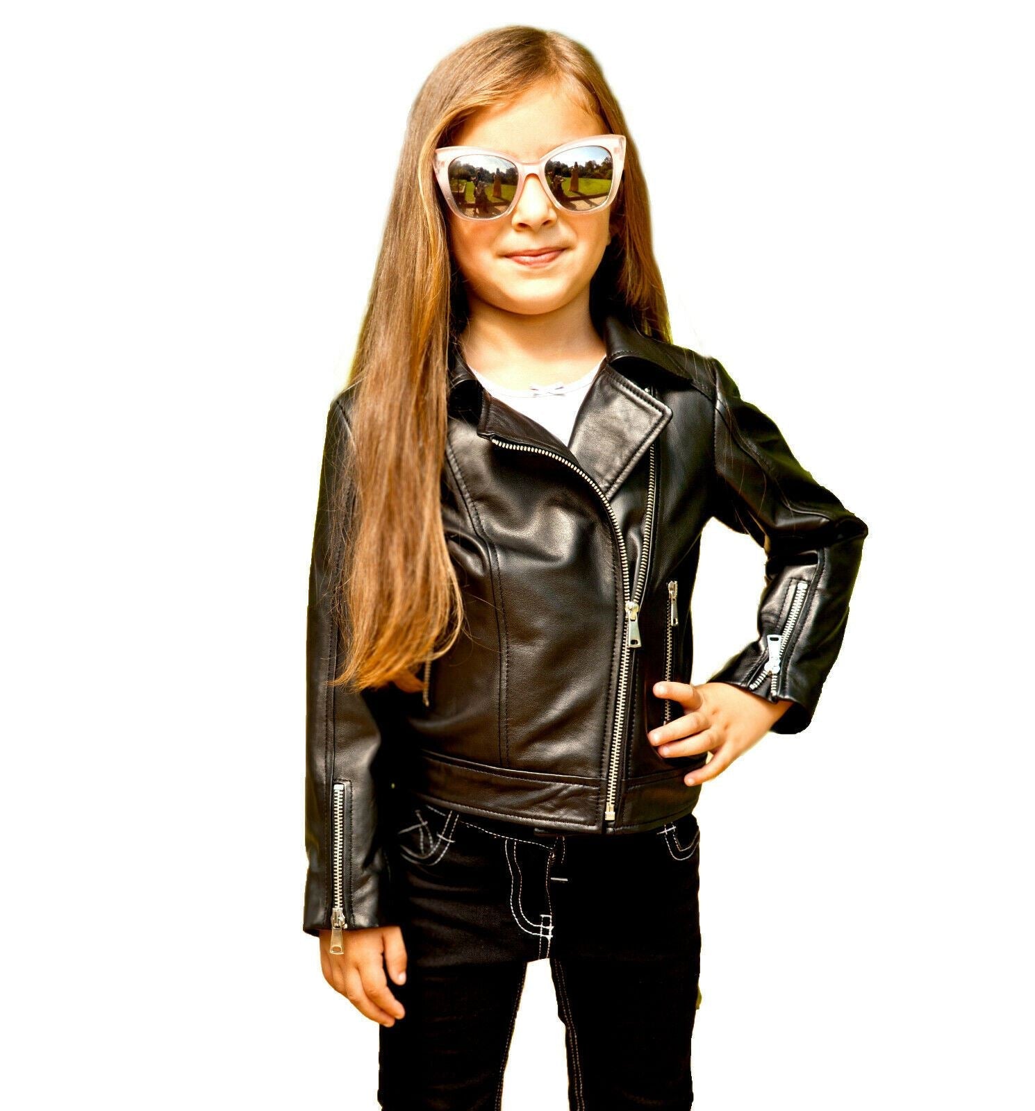 Kids Jackets Designer's Girls 100% Leather Jacket Zip Up Biker Coats (1-13Years)