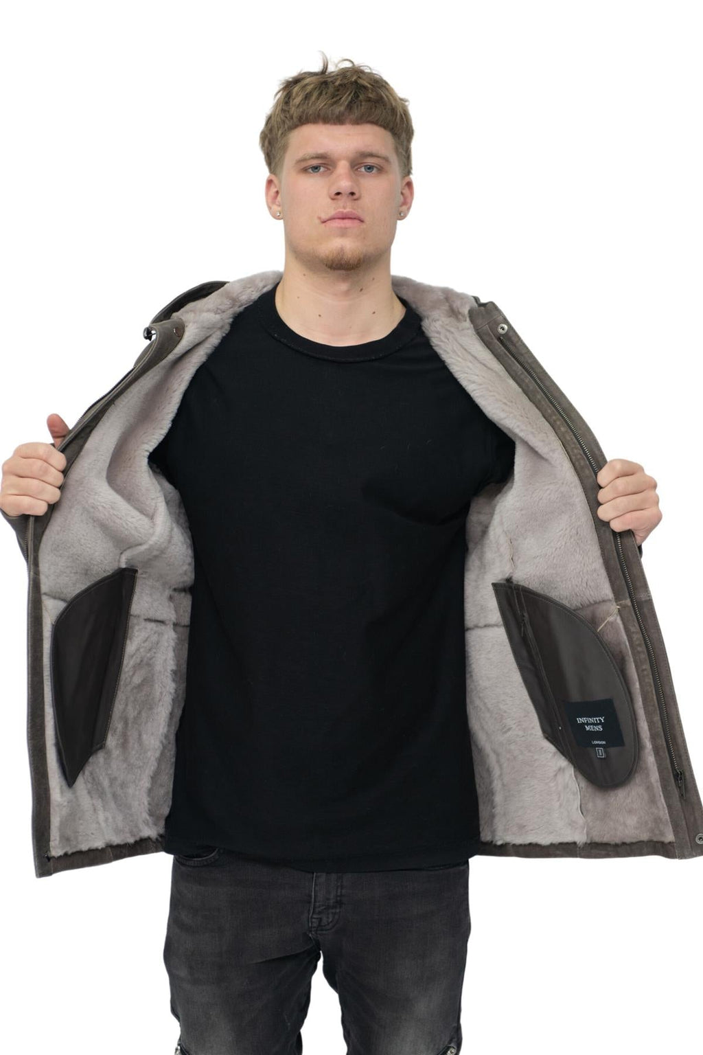 Mens Sheepskin Hooded Parka Coat-Alafaya
