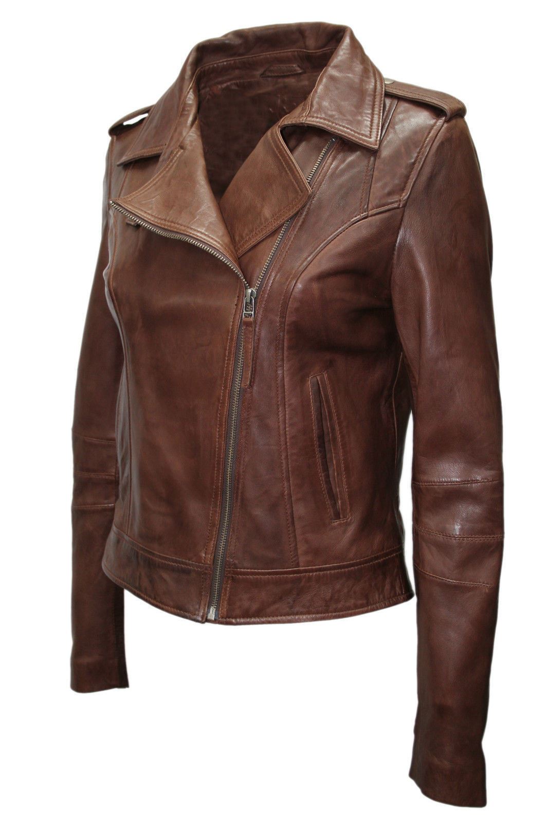 Womens Chestnut Leather Biker Jacket-Reynosa