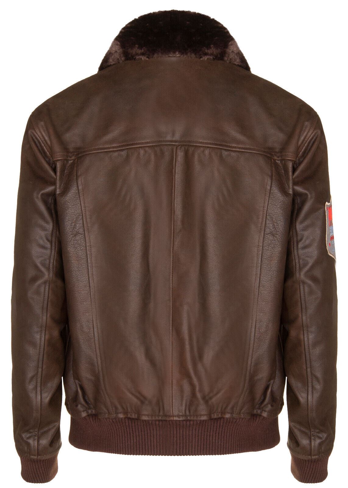 Mens Brown Leather Fur Collar US Aviator Bomber Jacket
