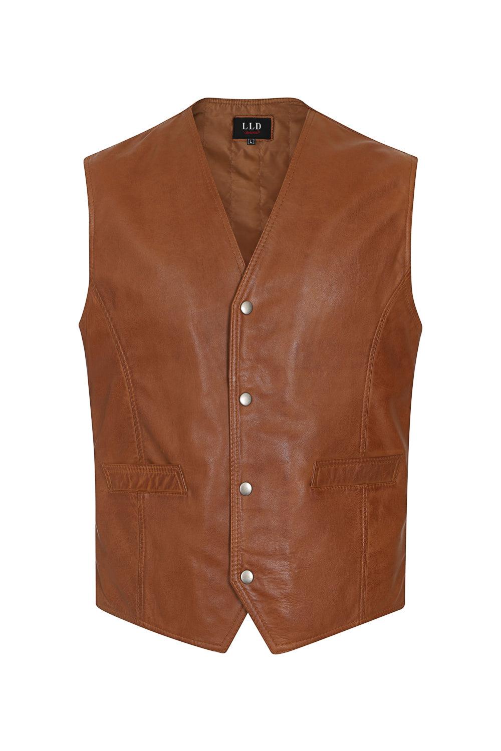 Men's Classic Tan Leather Waistcoat 'TEDDY' - Genuine Lamb Nappa