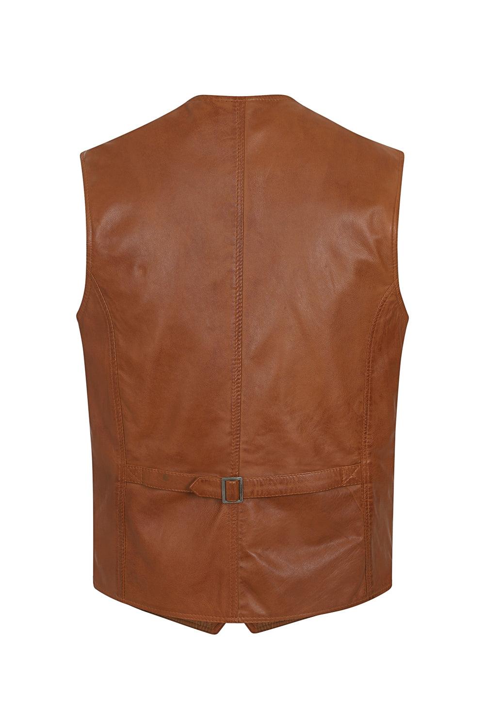 Men's Classic Tan Leather Waistcoat 'TEDDY' - Genuine Lamb Nappa