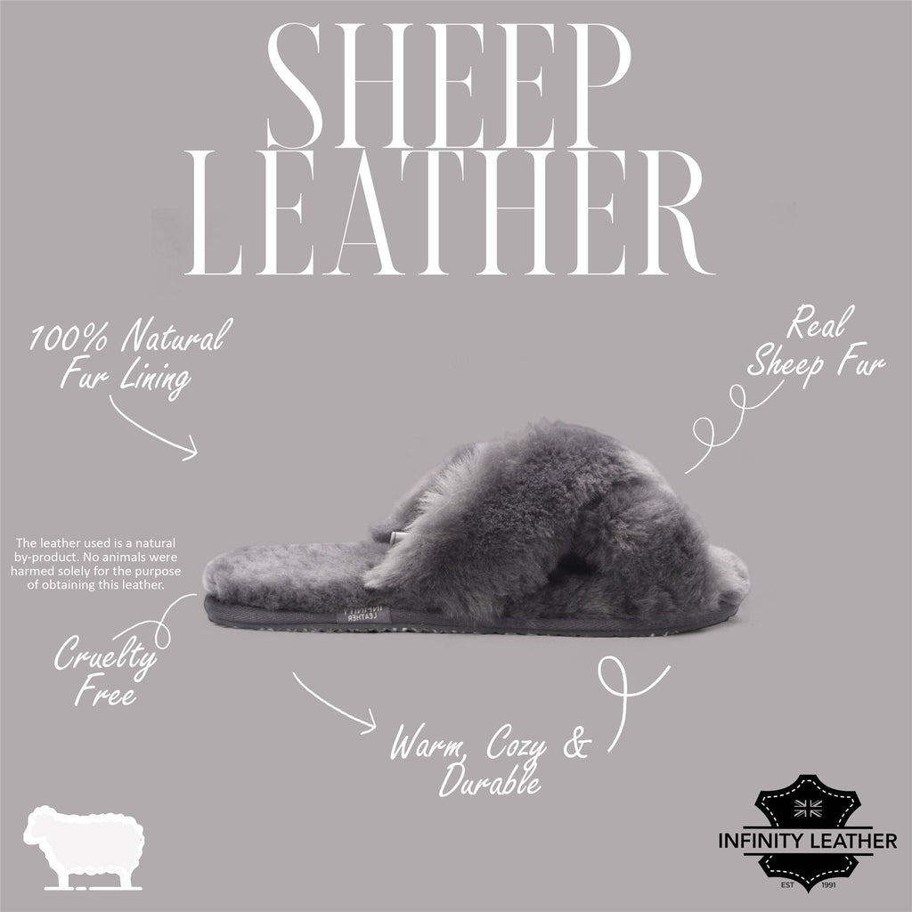 Women's Sheepskin Slippers Grey Warm Winter Fur Crossover - Snowbelle