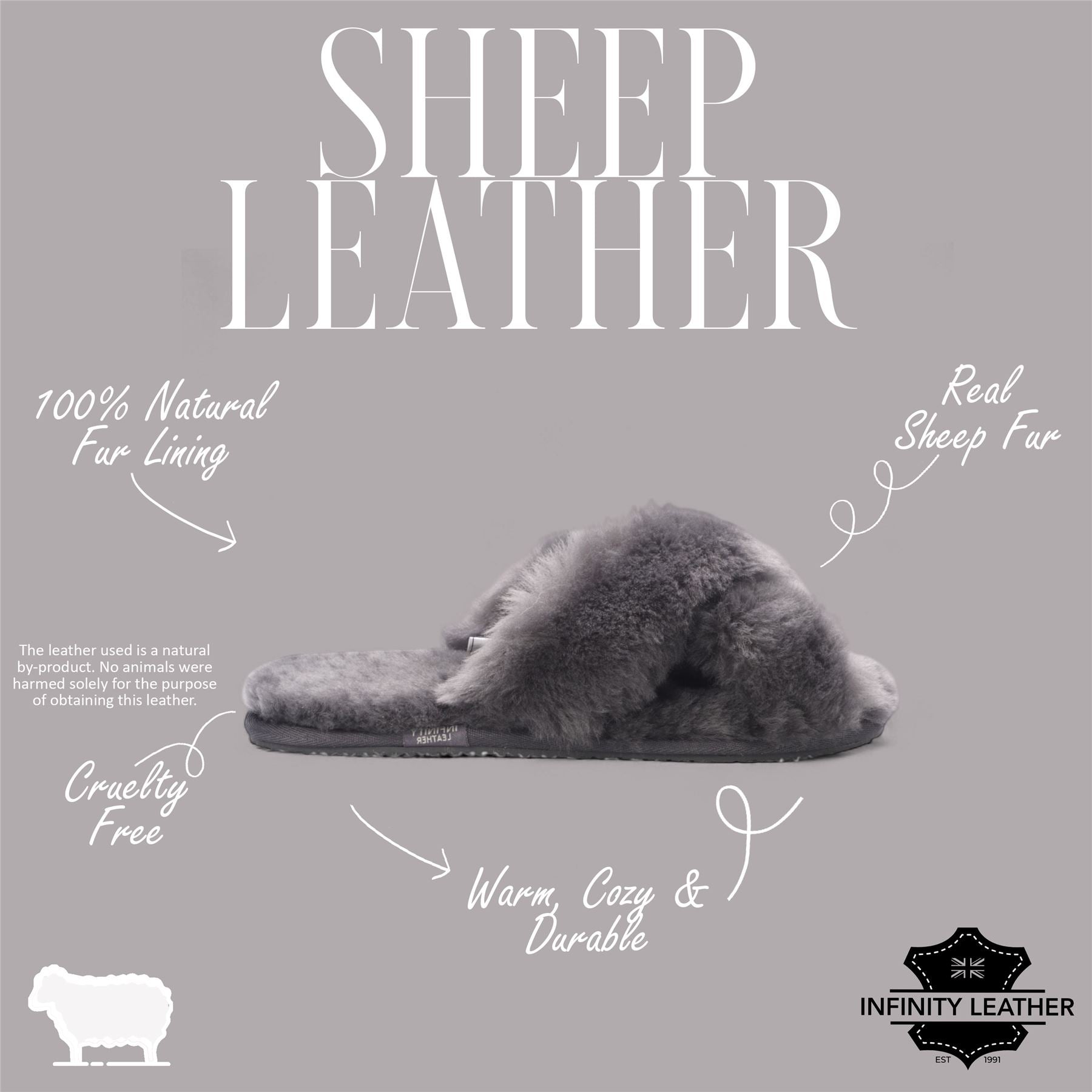 Women's Sheepskin Slippers Grey Warm Winter Fur Crossover - Snowbelle