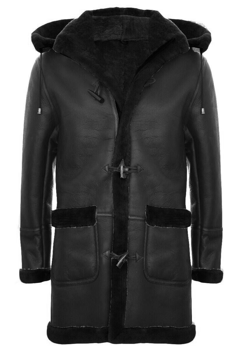Mens Winter Sheepskin Hooded Duffle Coat-Helsinki