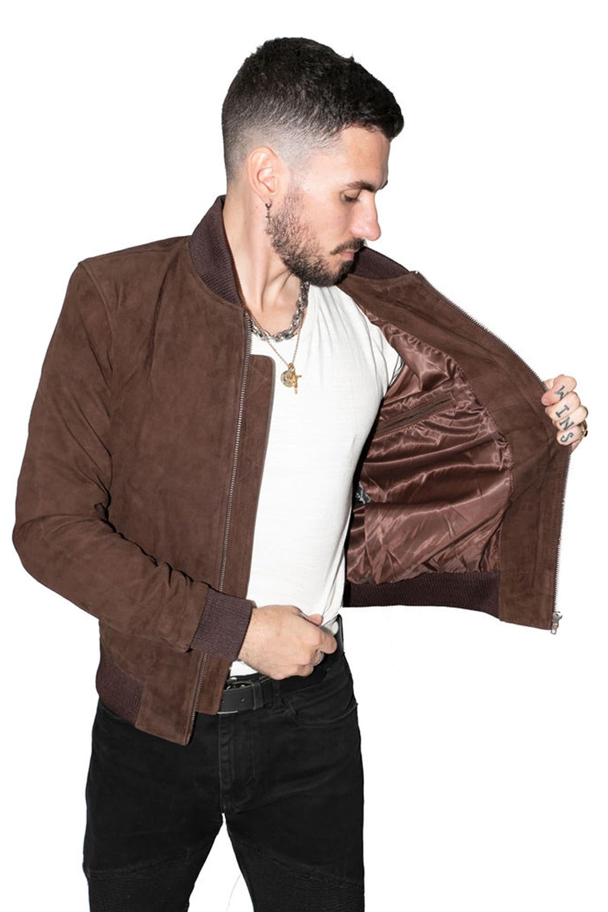 Mens Retro Goat Suede Varsity Leather Bomber Jacket-Athens