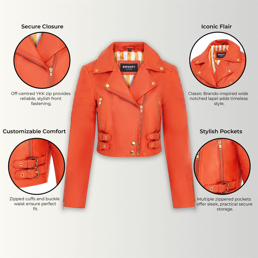 Womens Cropped Brando Leather Biker Jacket-Damascus