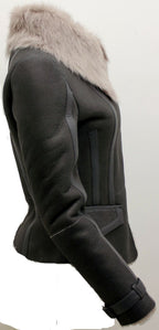 Womens Grey Toscana Shearling Flying Jacket-Teresina