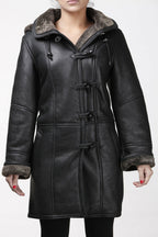 Womens Black Shearling Hooded Duffle Coat-Lille