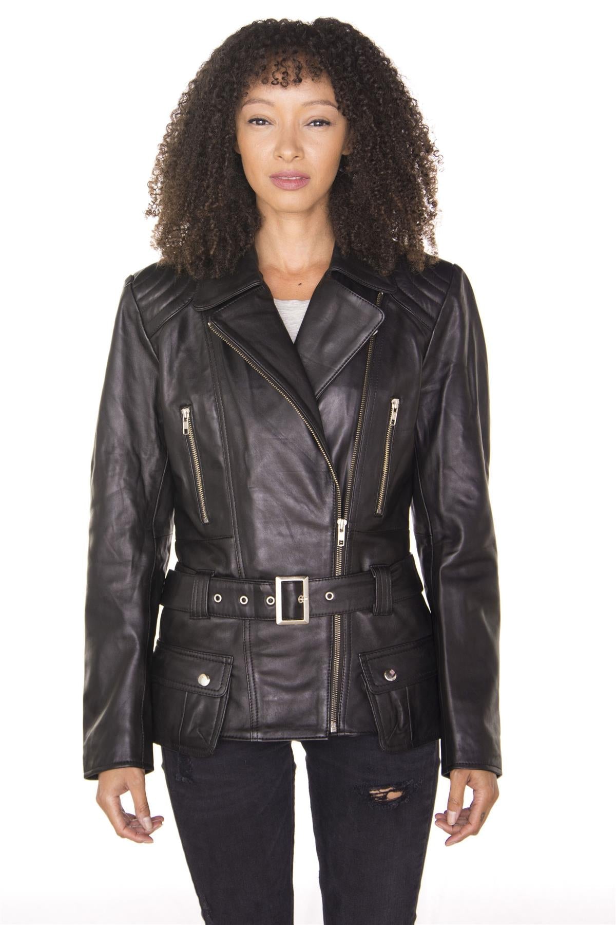 Womens Long Leather Biker Jacket-Quito