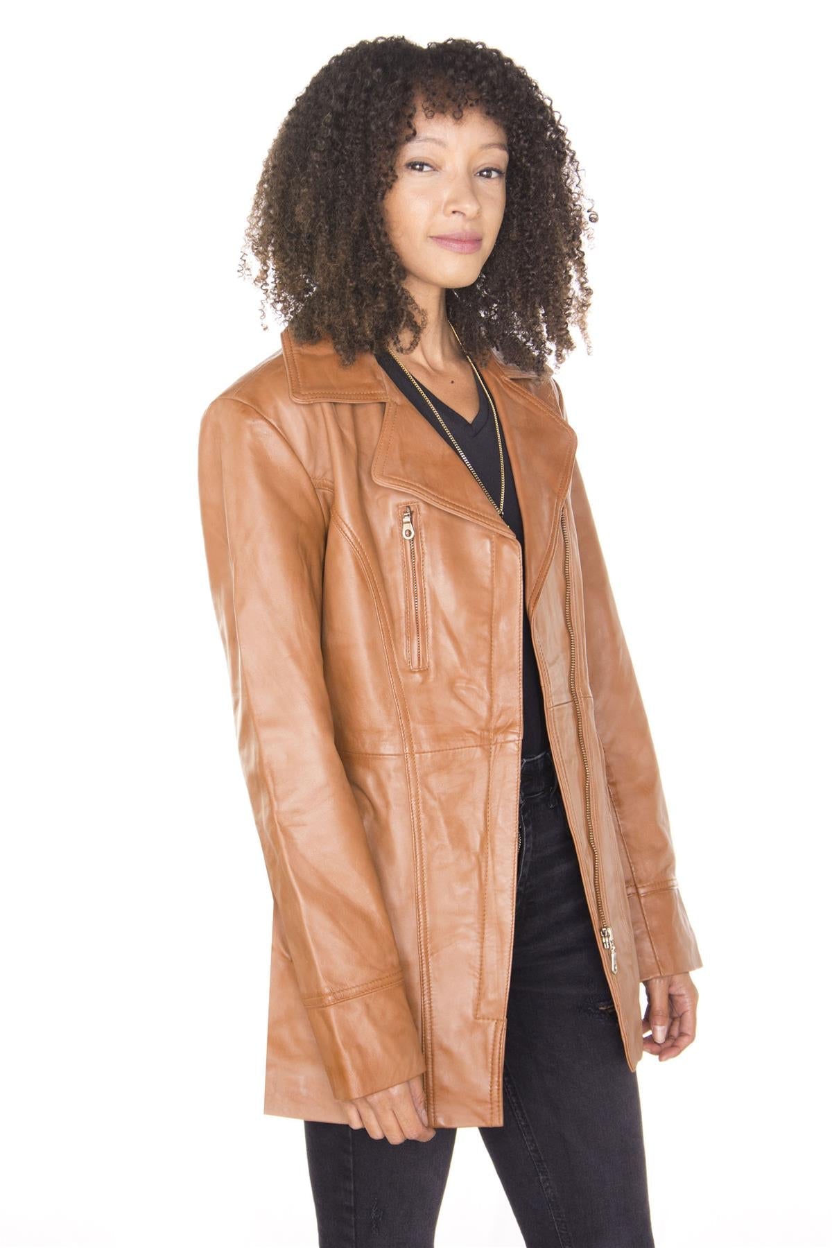 Womens Leather Long Biker Jacket-Muscat