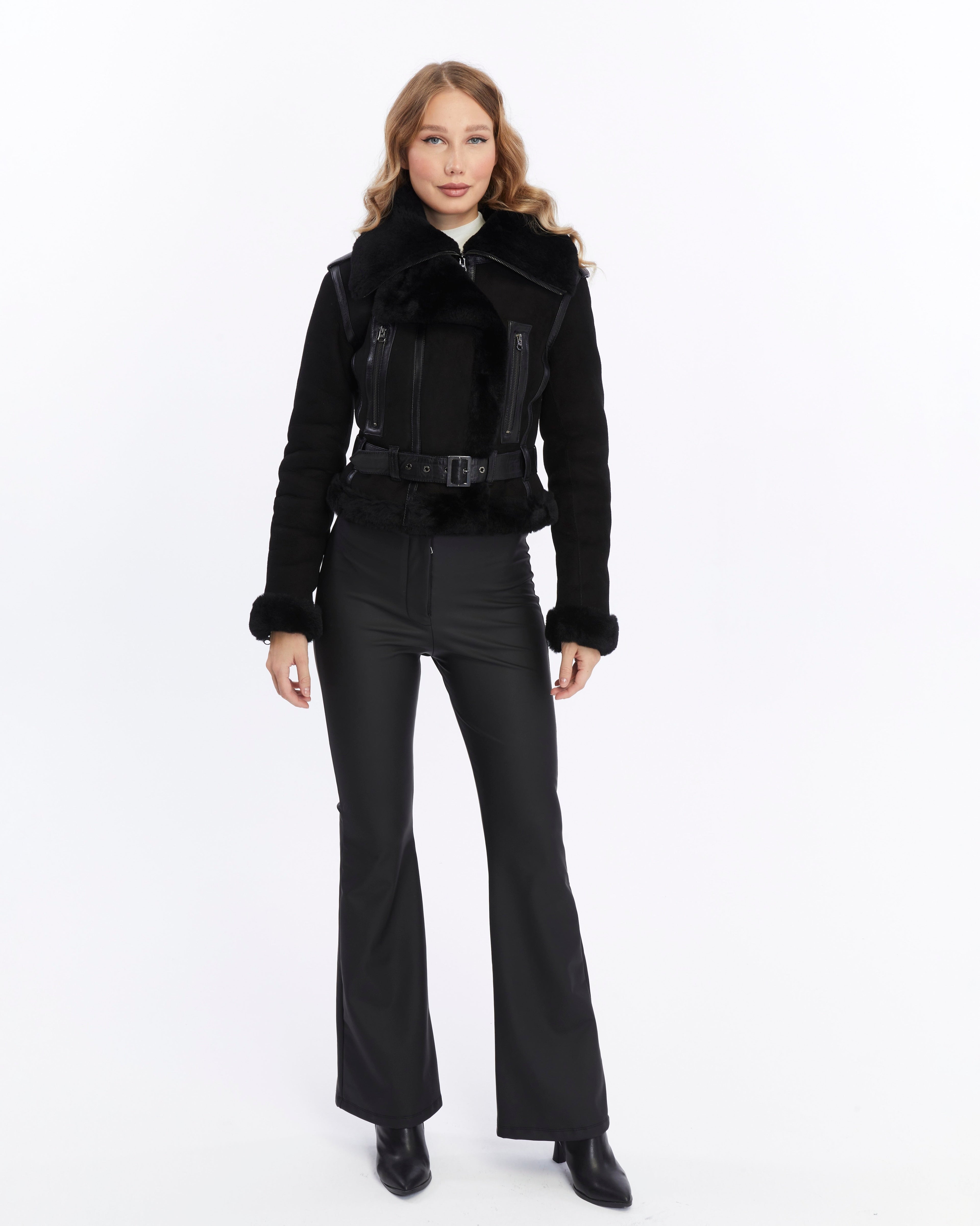 Women's Shearling Fashion Short Jacket, Black Suede with Black Wool