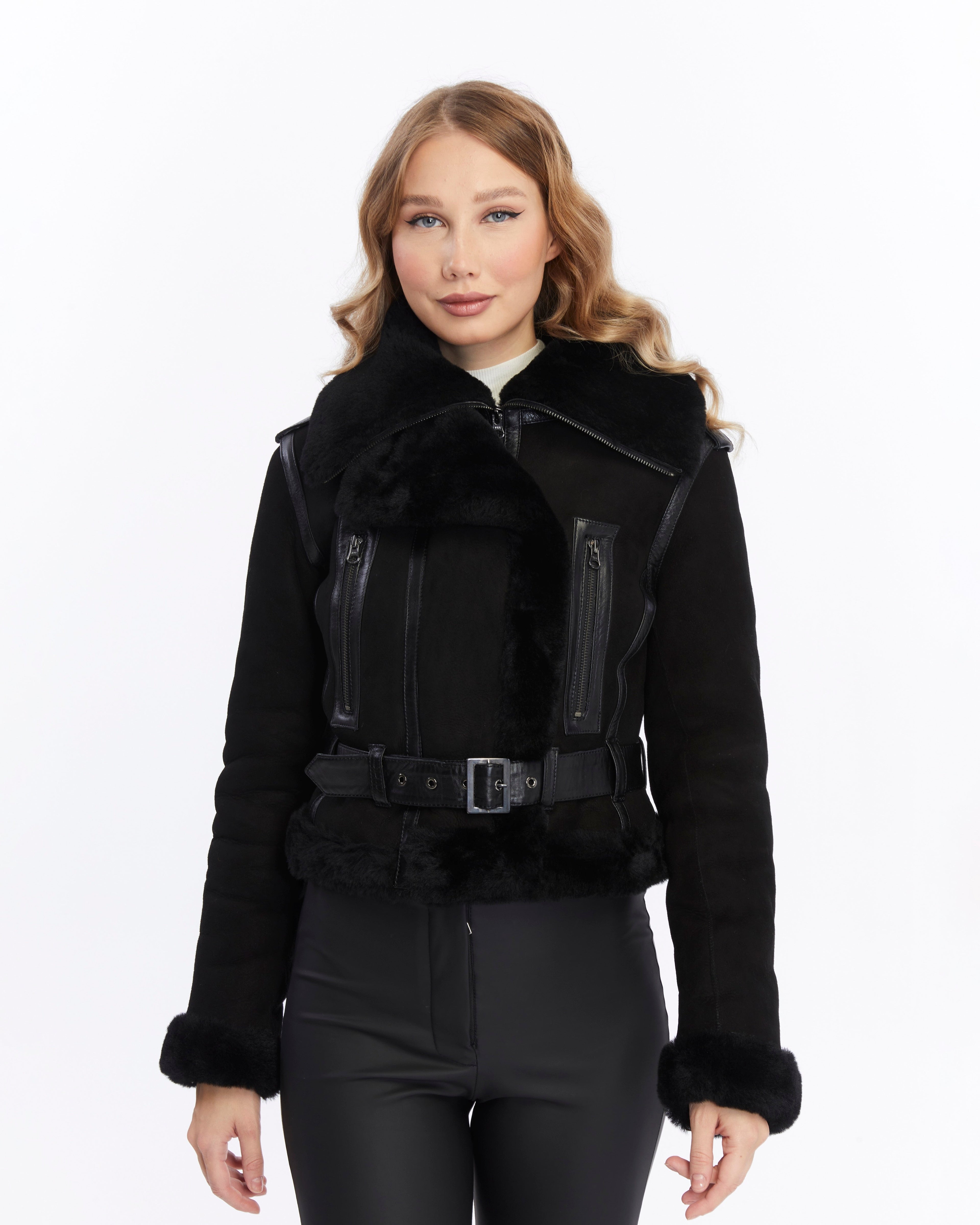 Women's Shearling Fashion Short Jacket, Black Suede with Black Wool