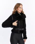Women's Shearling Fashion Short Jacket, Black Suede with Black Wool