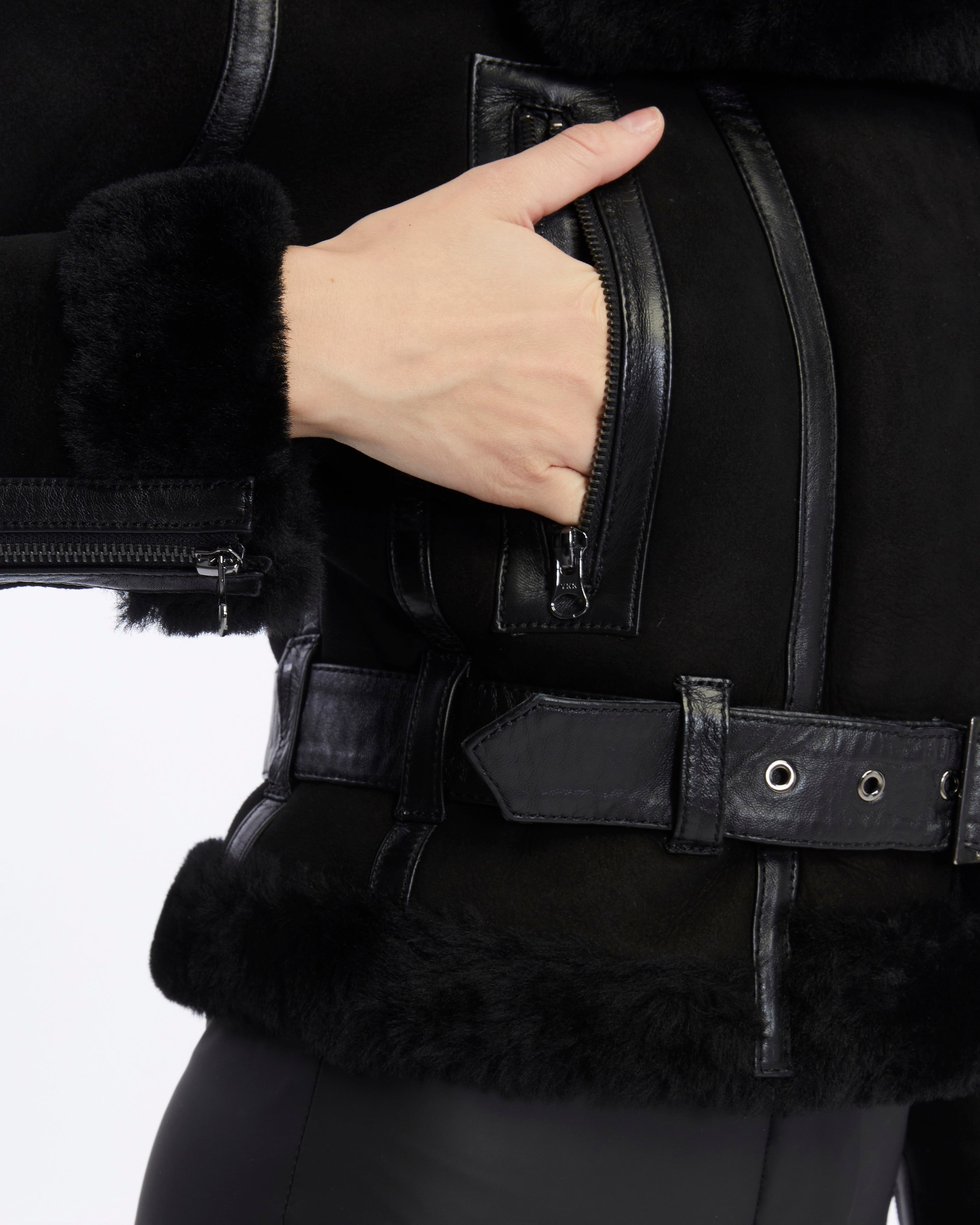 Women's Shearling Fashion Short Jacket, Black Suede with Black Wool