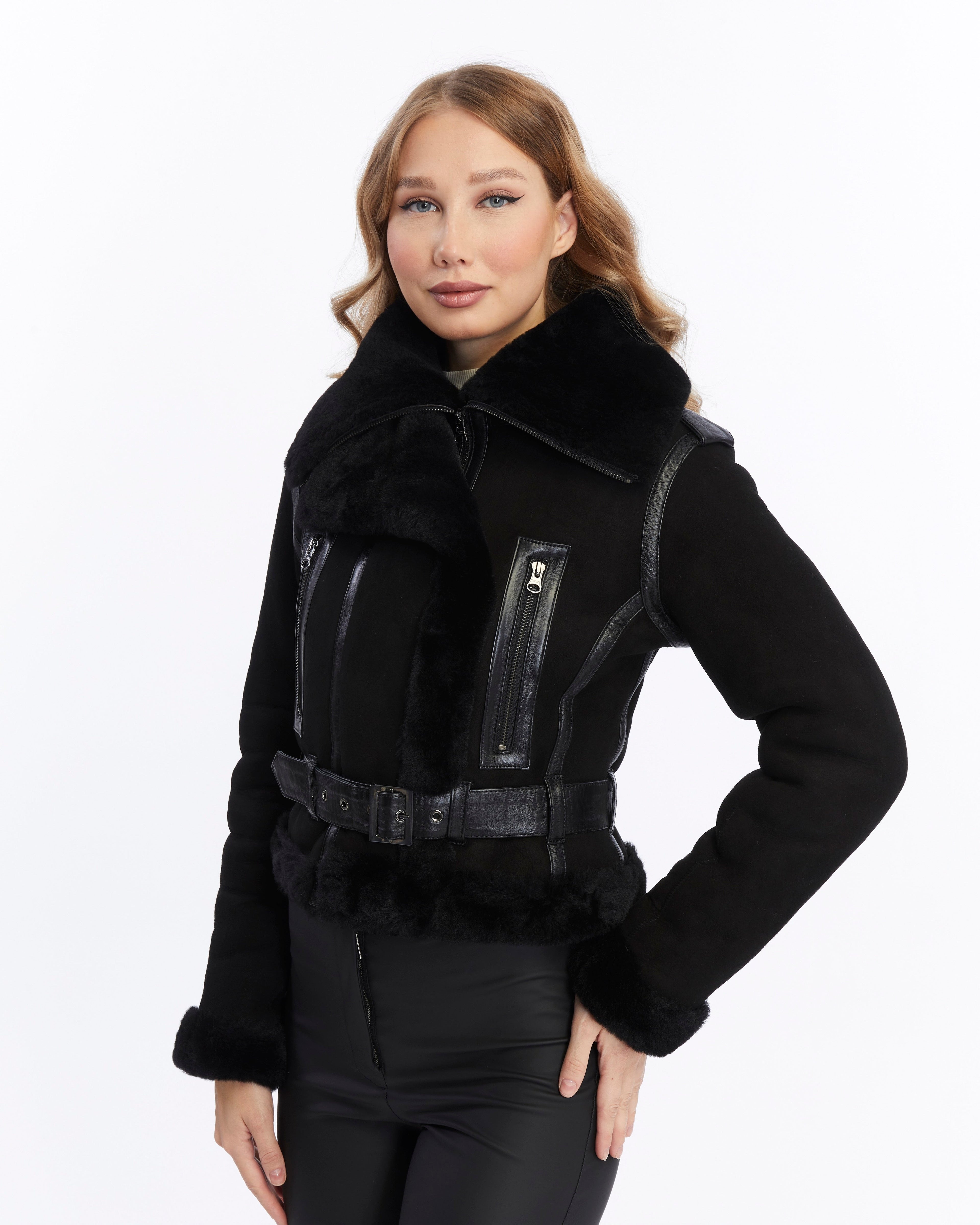 Women's Shearling Fashion Short Jacket, Black Suede with Black Wool