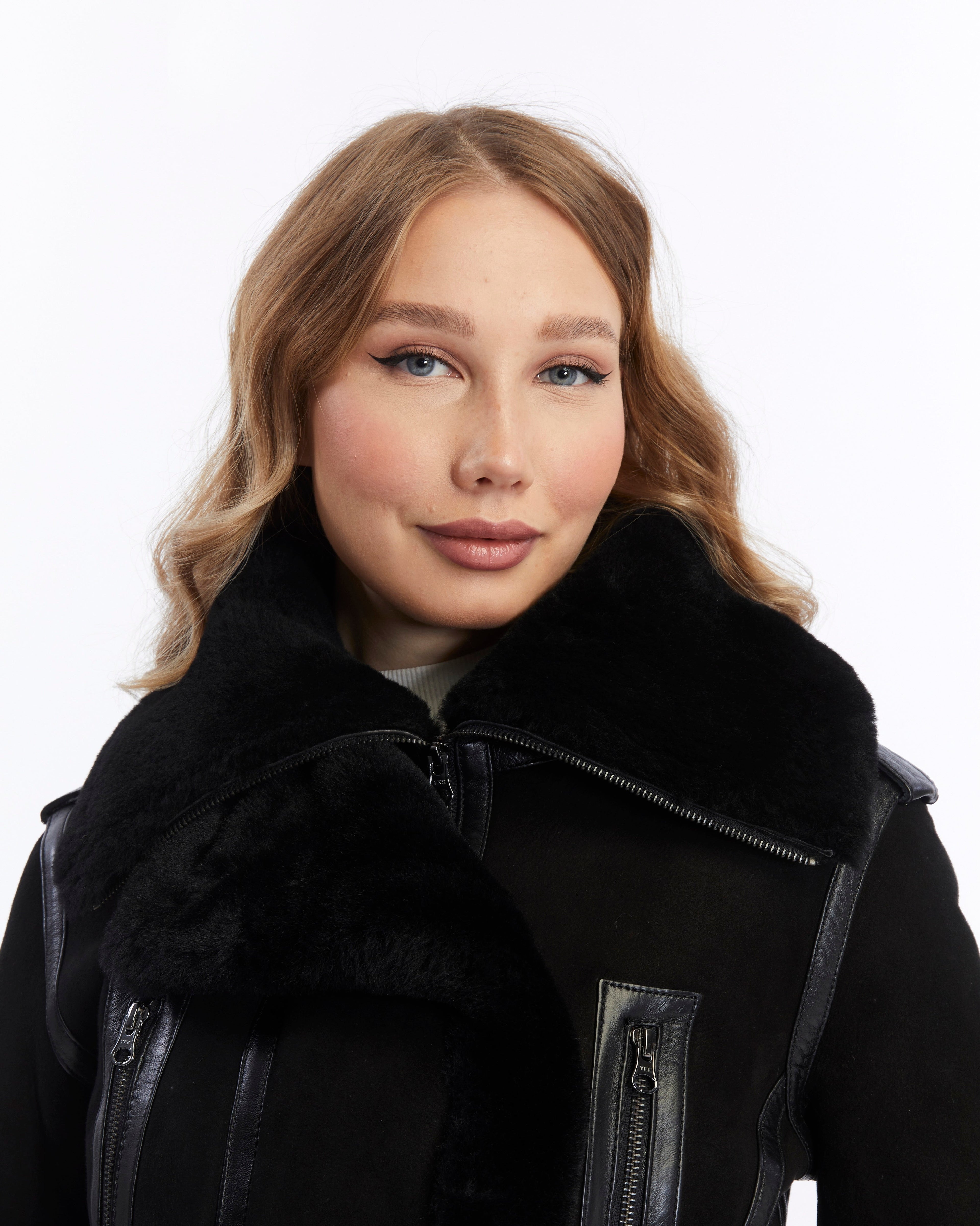 Women's Shearling Fashion Short Jacket, Black Suede with Black Wool