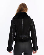 Women's Shearling Fashion Short Jacket, Black Suede with Black Wool