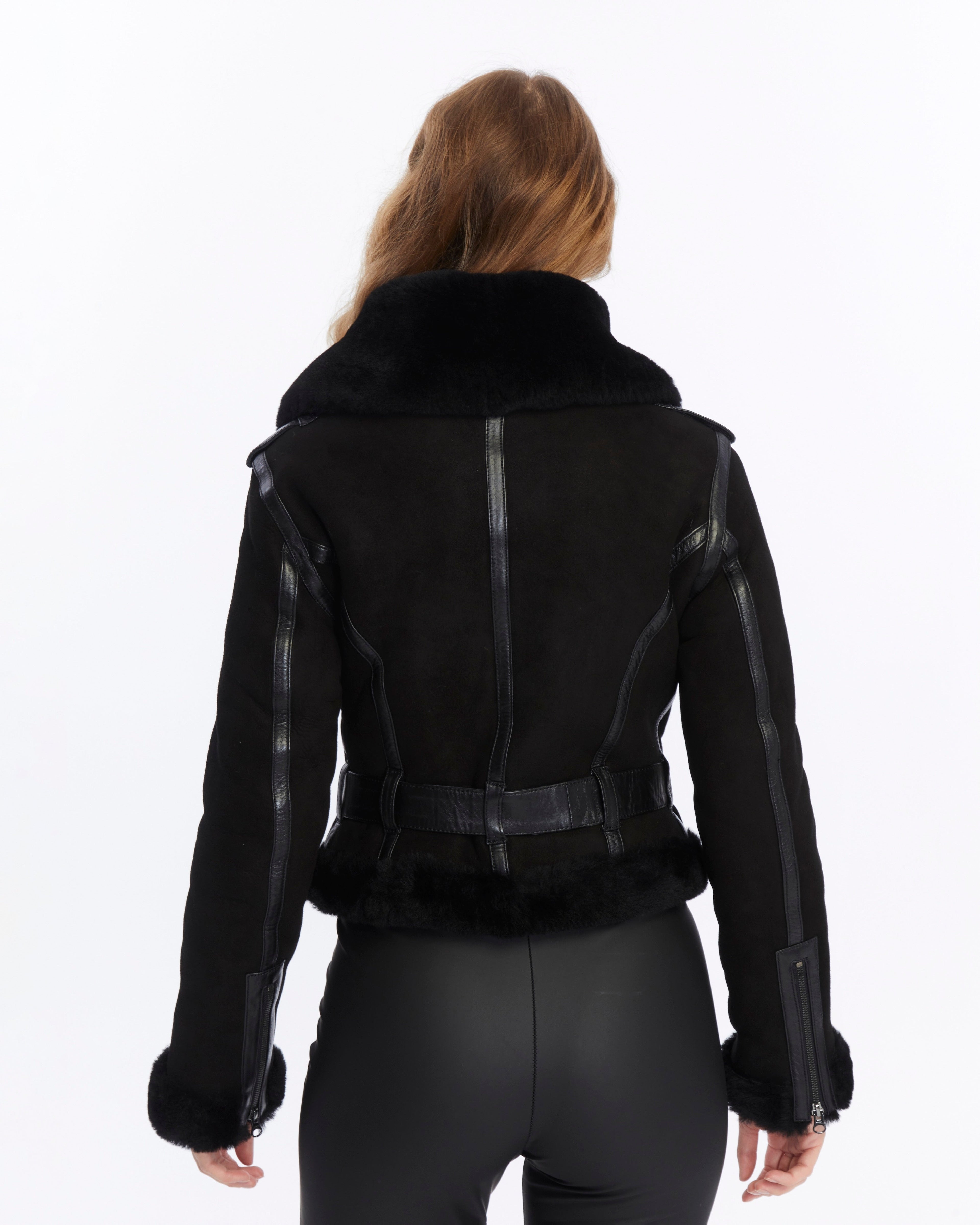 Women's Shearling Fashion Short Jacket, Black Suede with Black Wool