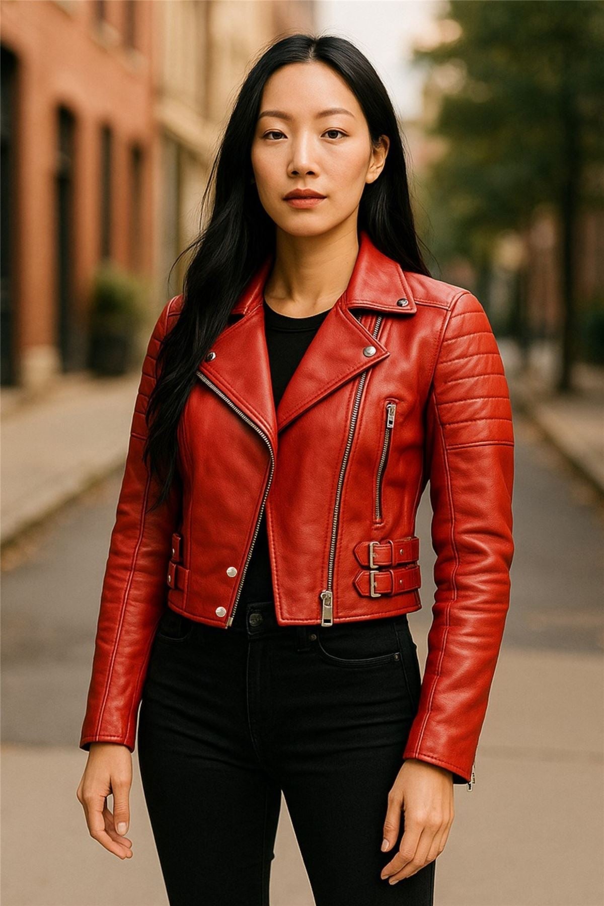 Womens Cropped Brando Leather Biker Jacket-Damascus