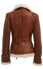Womens Tan Double Breasted Sheepskin Aviator Jacket-Leshan