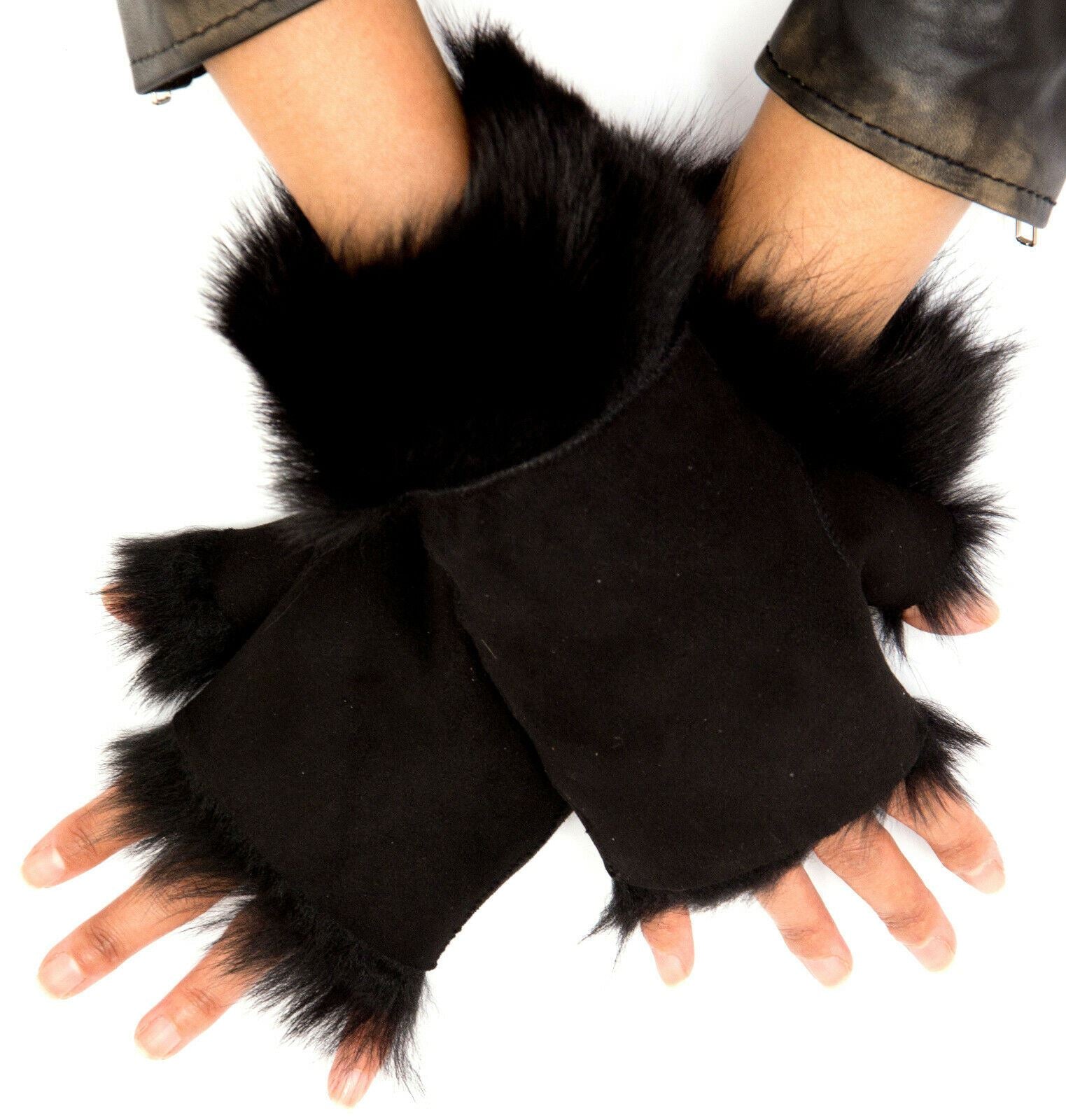 Womens Shearling  Mittens Fingerless Cuffs Toscana Suede Sheepskin Fur