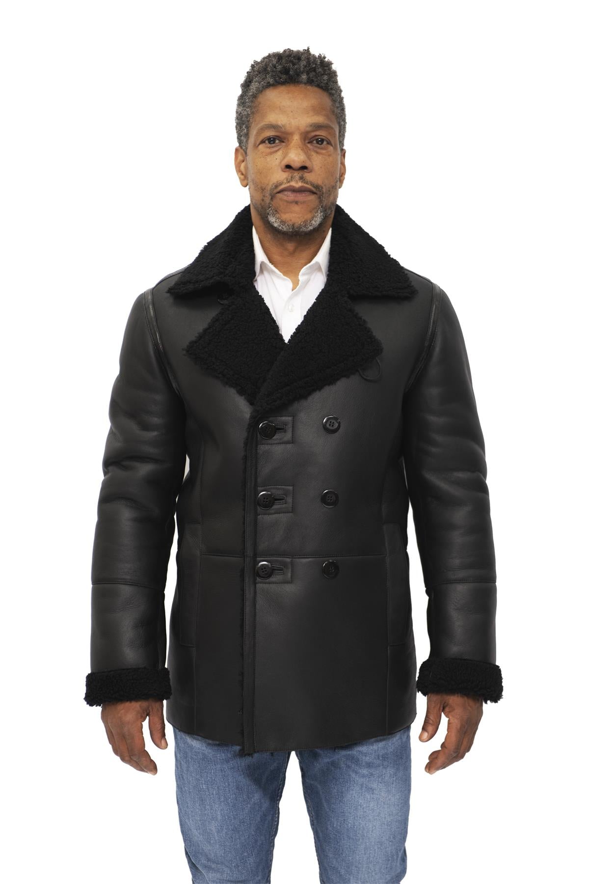 Mens Double Breasted Shearling Sheepskin Pea Coat-Valencia