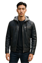 Men's Hooded Biker Lamb Leather Jacket - Burten