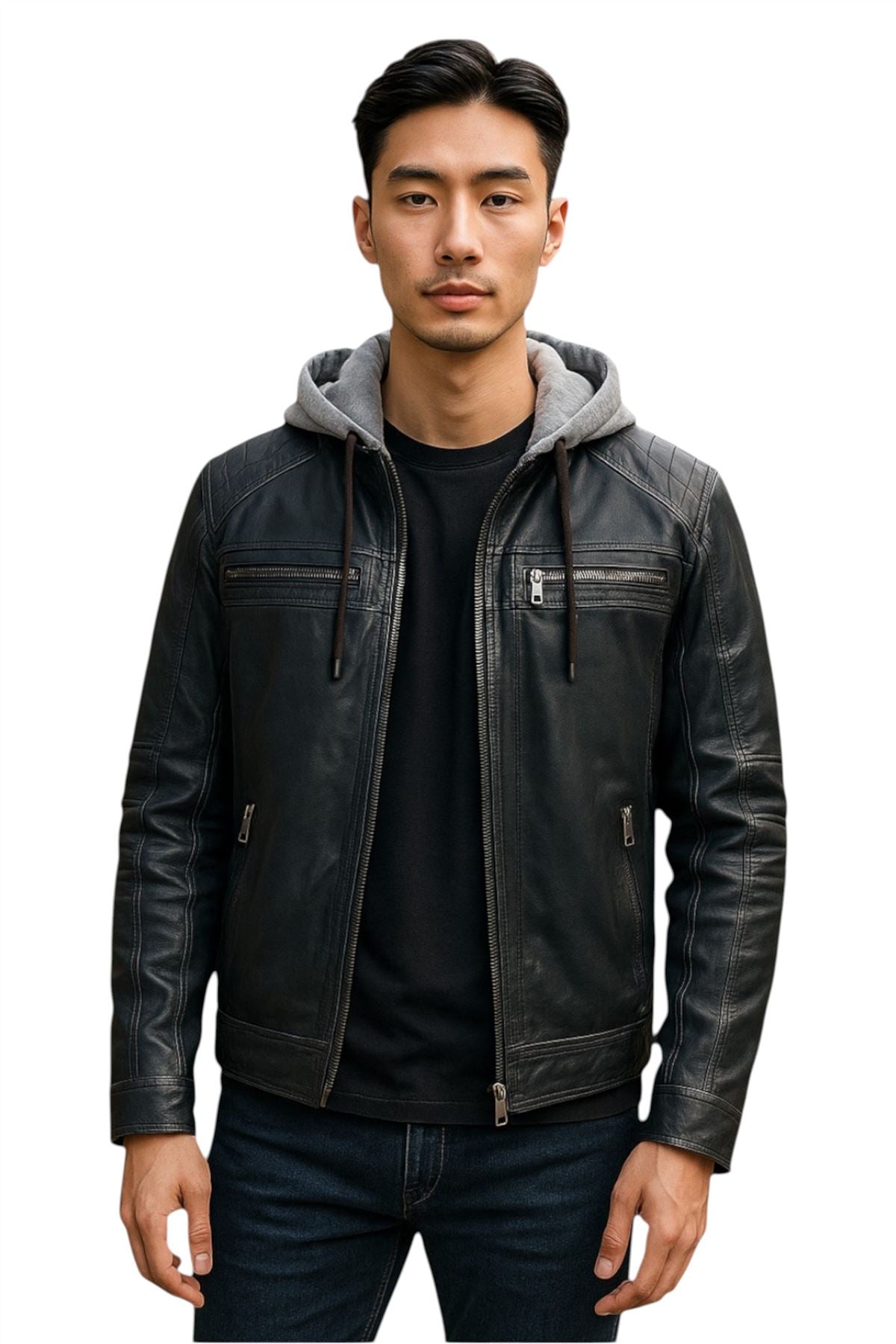 Men's Hooded Biker Lamb Leather Jacket - Burten