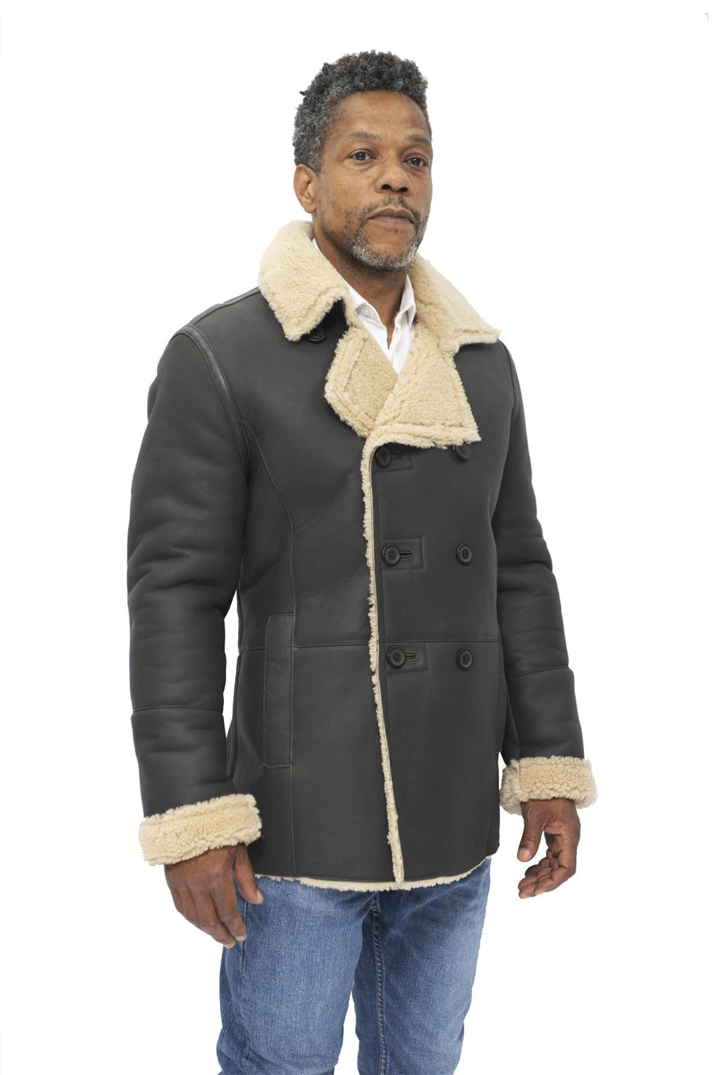 Mens Double Breasted Shearling Sheepskin Pea Coat-Valencia