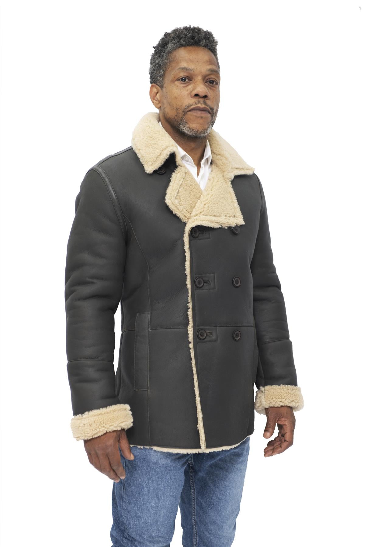 Mens Double Breasted Shearling Sheepskin Pea Coat-Valencia