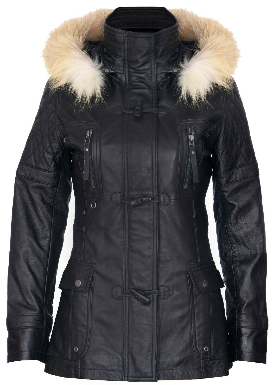 Womens Quilted Leather Parka Jacket-Brussels