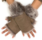 Womens Shearling  Mittens Fingerless Cuffs Toscana Suede Sheepskin Fur