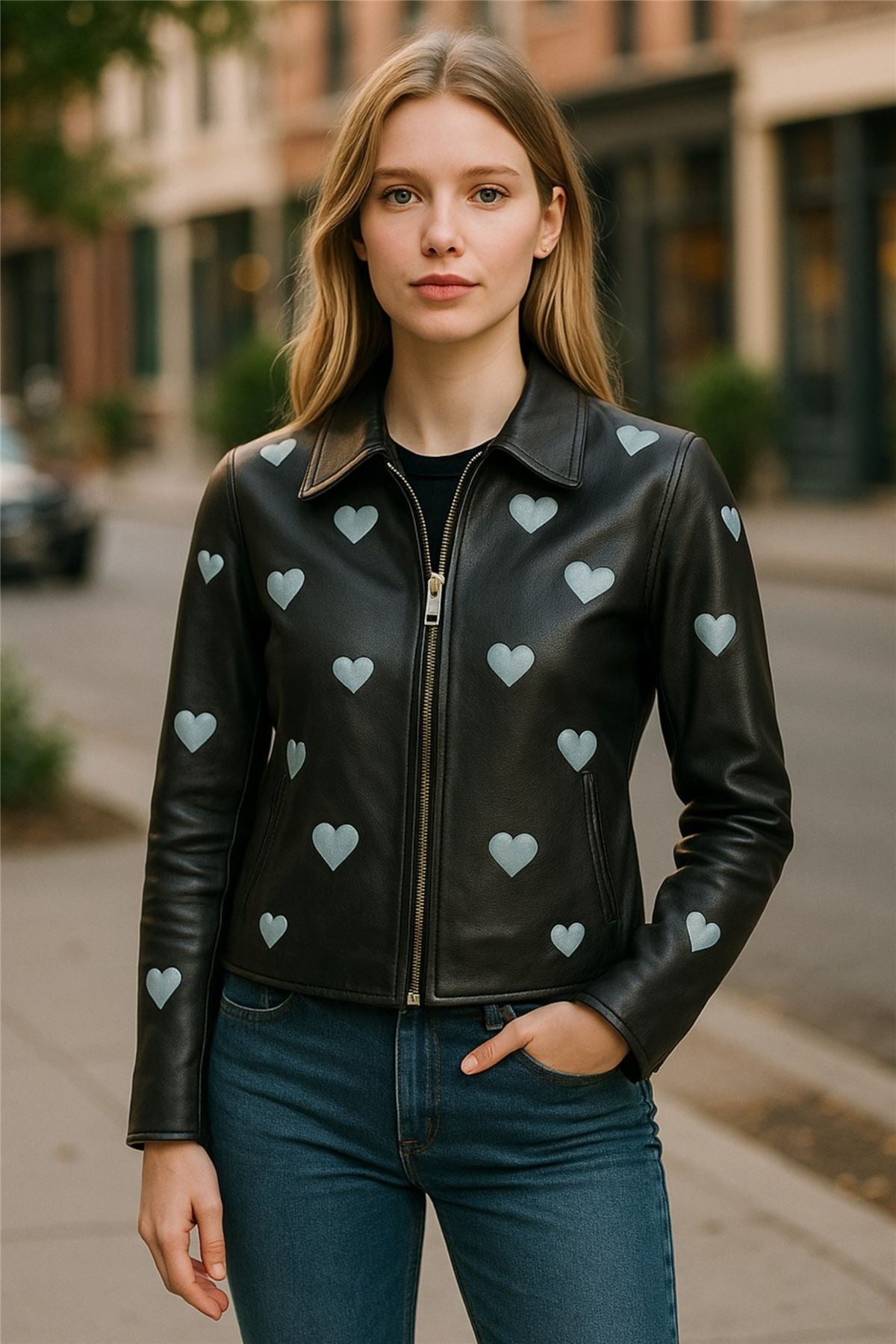 Women’s Black Leather Hearts Biker Jacket  - Wynyard