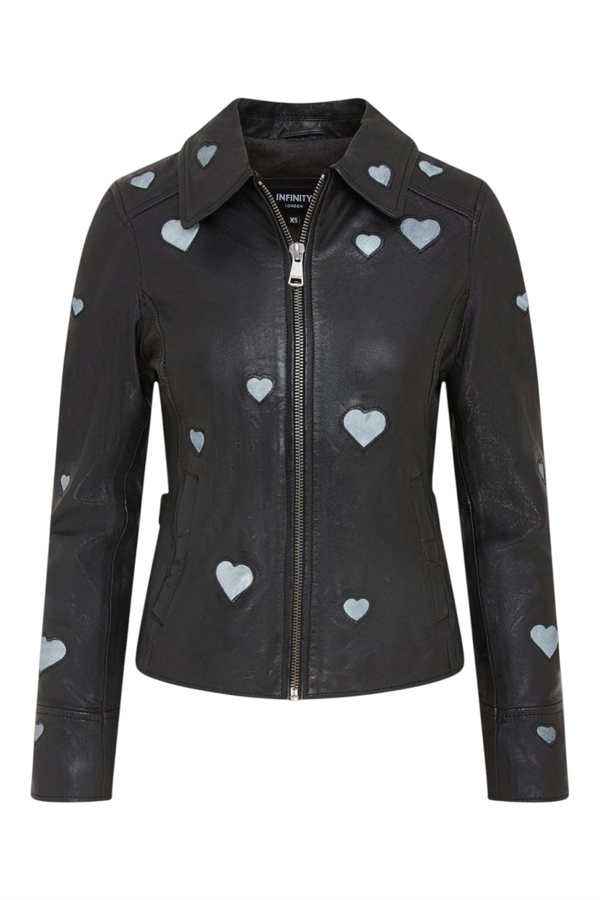 Women’s Black Leather Hearts Biker Jacket  - Wynyard