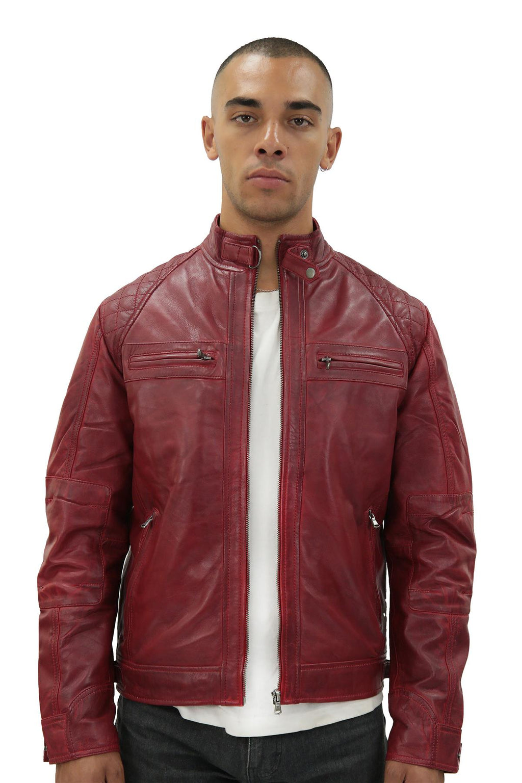 Men's Vintage Leather Quilted Biker Jacket-Monaco