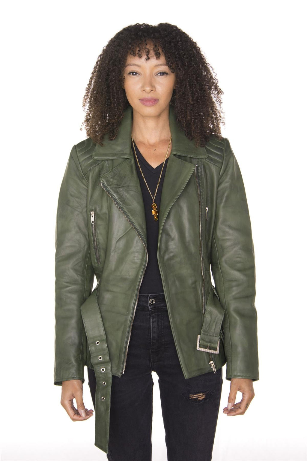 Womens Long Leather Biker Jacket-Quito