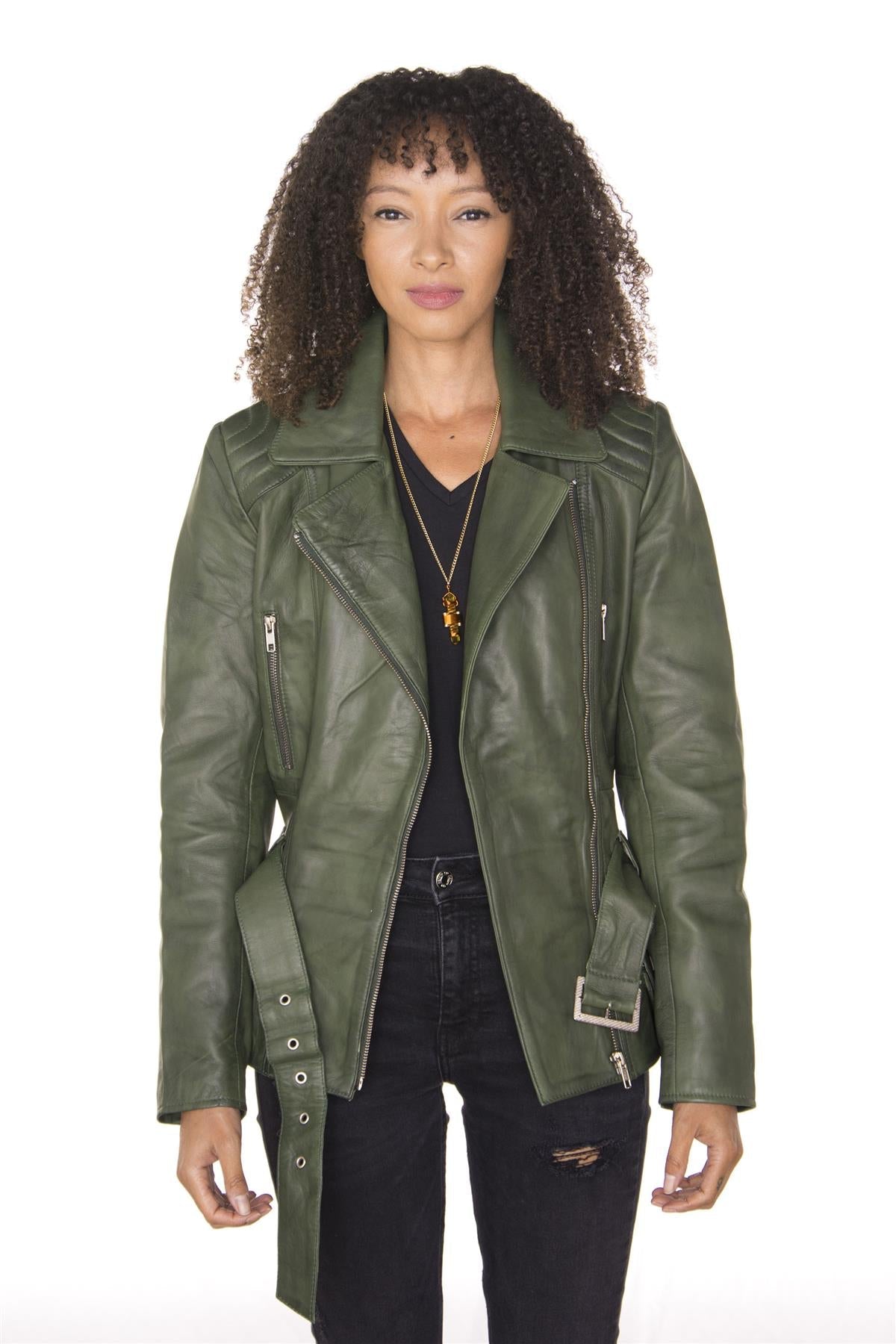 Womens Long Leather Biker Jacket-Quito