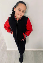 Kids Varsity Black & Red Bomber Jacket with Real Leather Sleeves 3-13 yrs