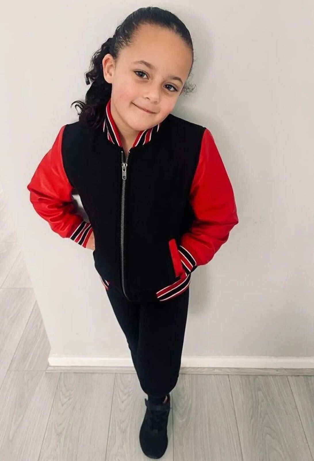 Kids Varsity Black & Red Bomber Jacket with Real Leather Sleeves 3-13 yrs
