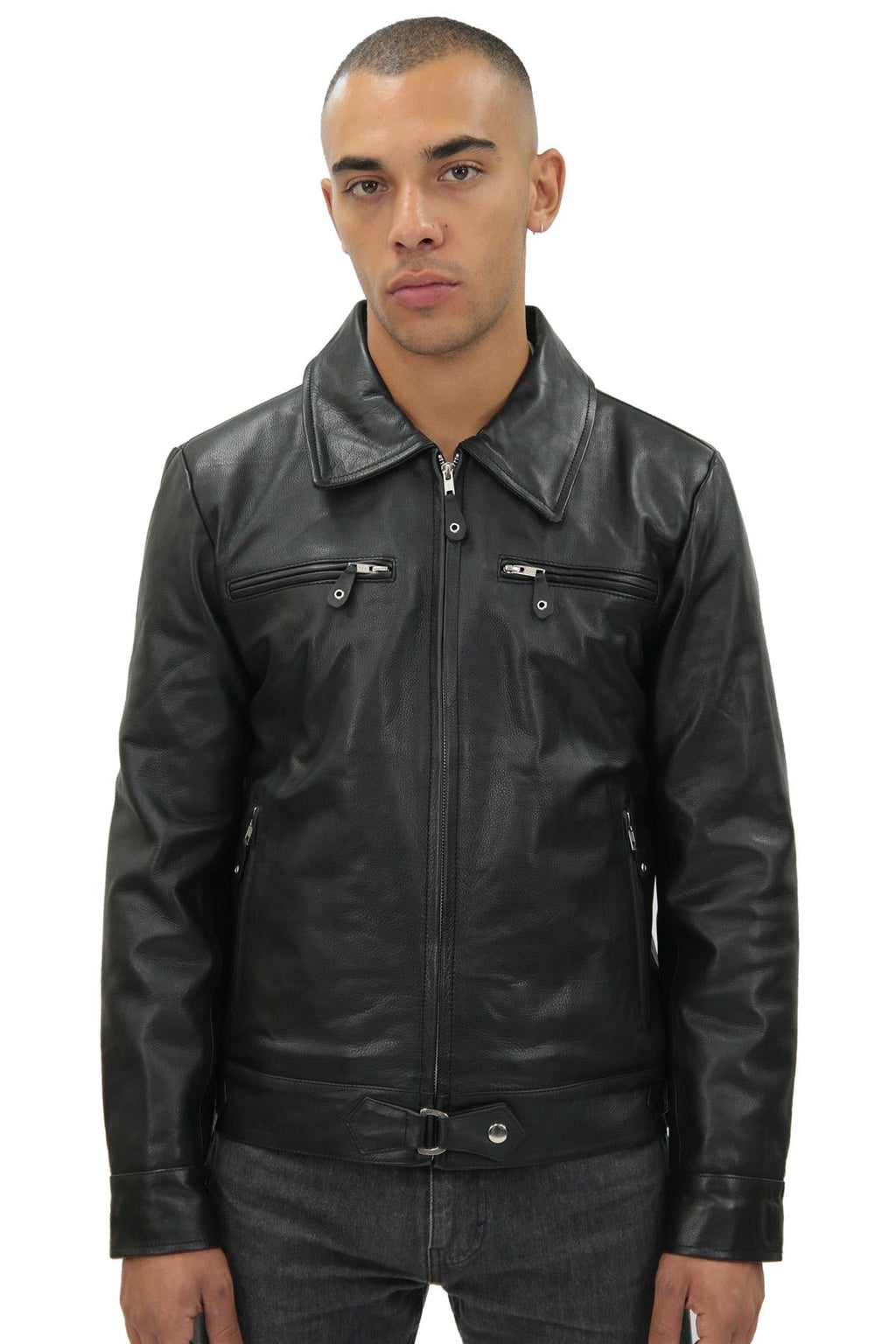 Mens Black Cowhide Leather Harrington Jacket-Geneva