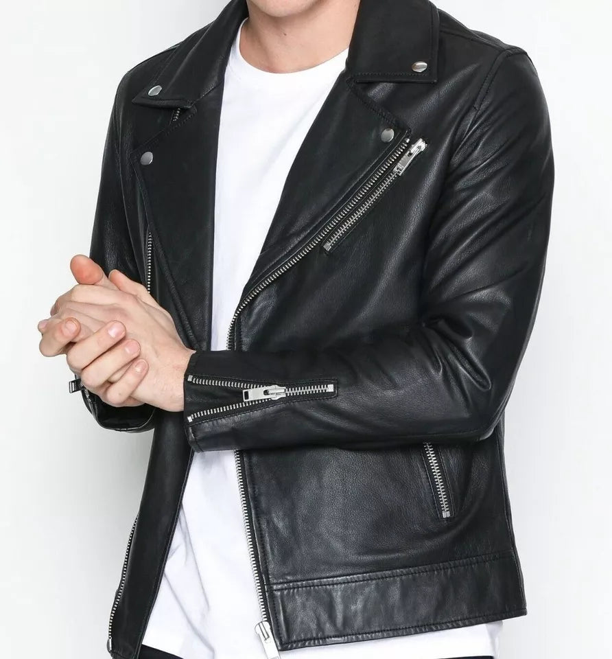 Black-Faux Leather Slim-Fit Biker Jacket In Nappa Jacket-For Men