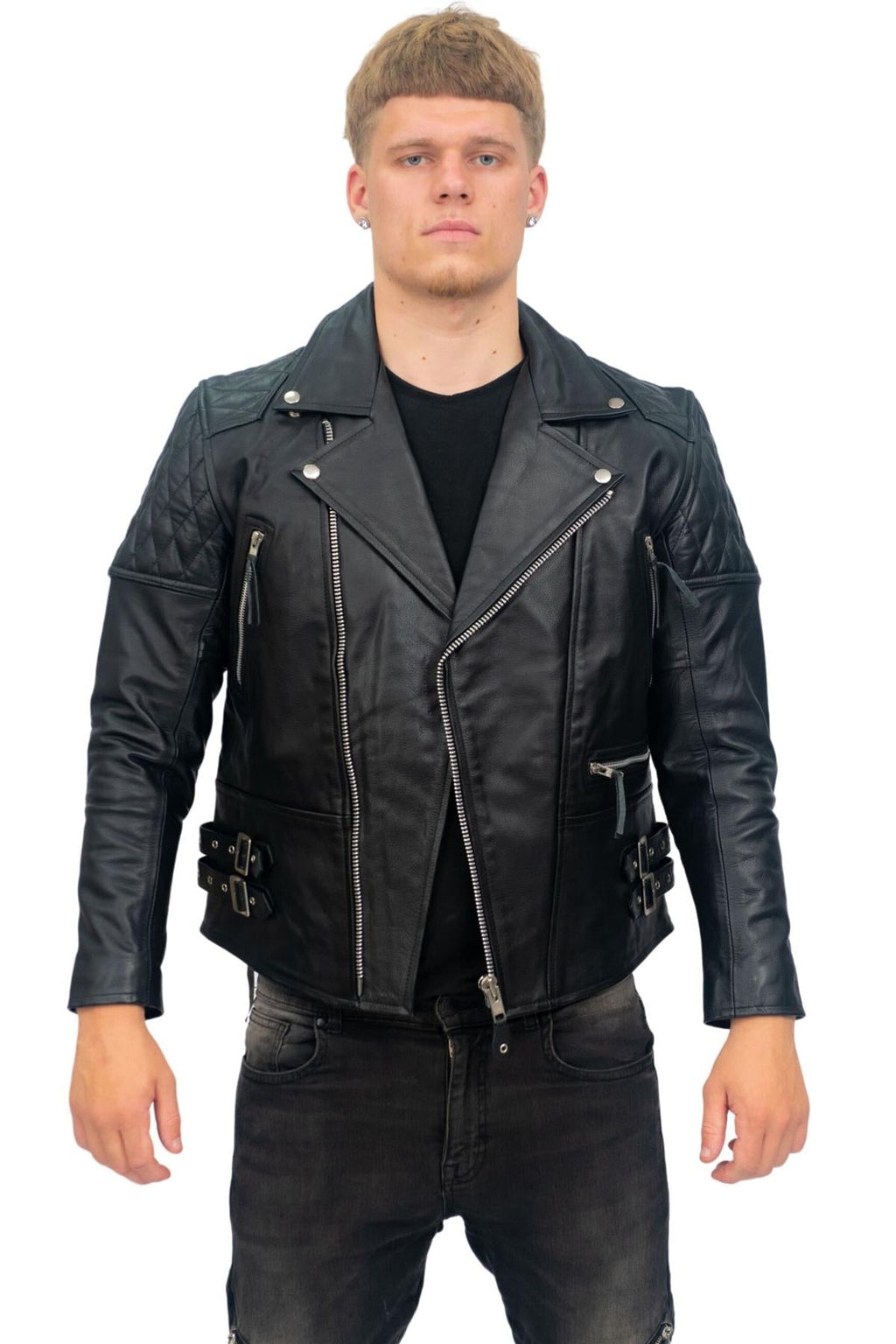 Mens Cowhide Leather Biker Jacket-Nassau