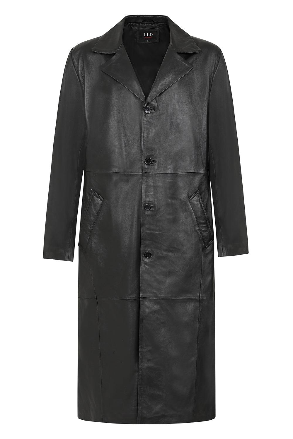 BUDDY Men's Black Nappa Leather Long Coat - Classic 54" Length