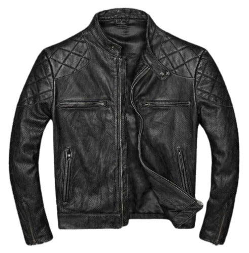 Men Slim Fit Motorcycle Vintage Black Biker Diamond Quilted Leather Jacket