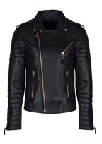 Men's New Brando Style Leather Genuine Motorcycle Jacket - Golden Zipper Jacket, Black