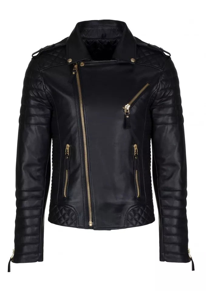 Men's New Brando Style Leather Genuine Motorcycle Jacket - Golden Zipper Jacket, Black