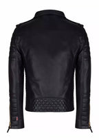 Men's New Brando Style Leather Genuine Motorcycle Jacket - Golden Zipper Jacket, Black