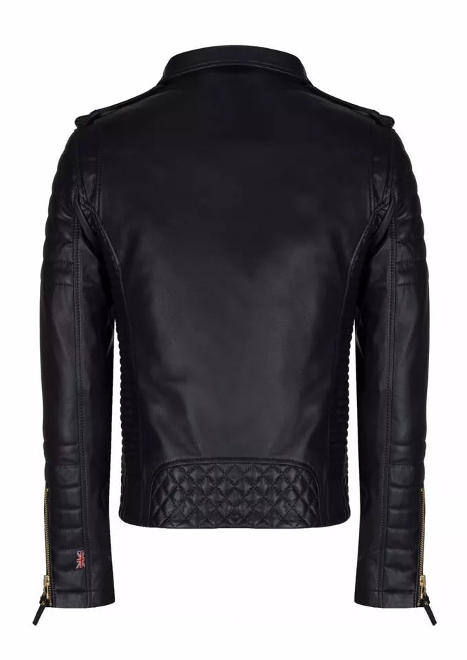 Men's New Brando Style Leather Genuine Motorcycle Jacket - Golden Zipper Jacket, Black