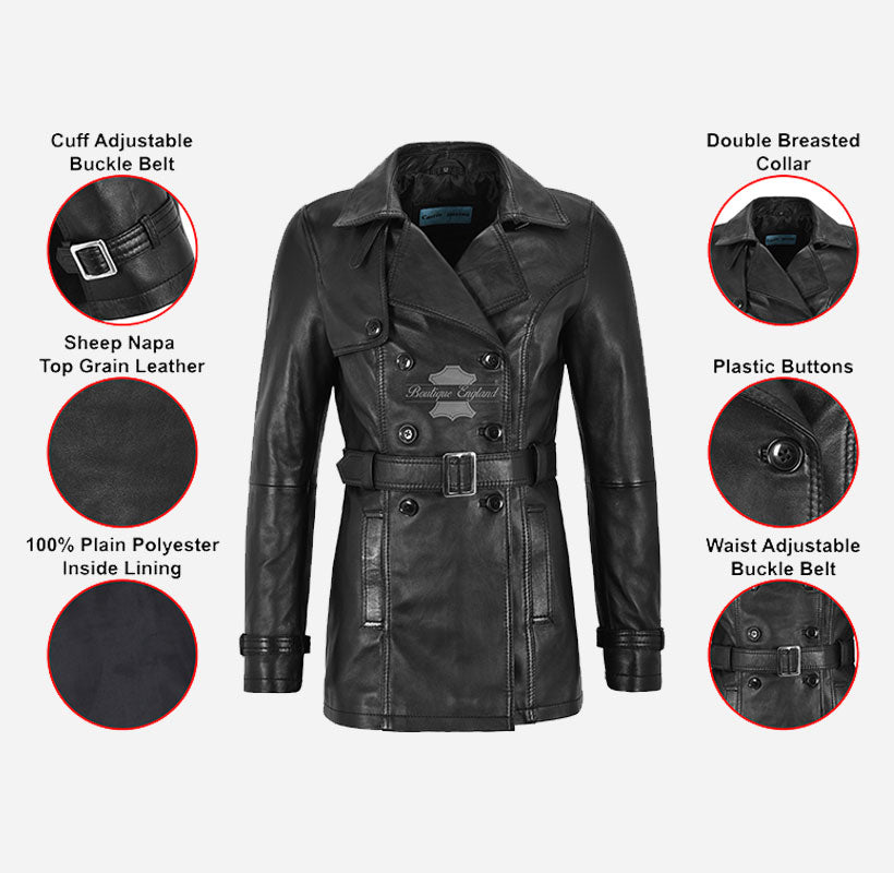VENICE Women's Leather Double Breasted Mid-Length Trench Coat